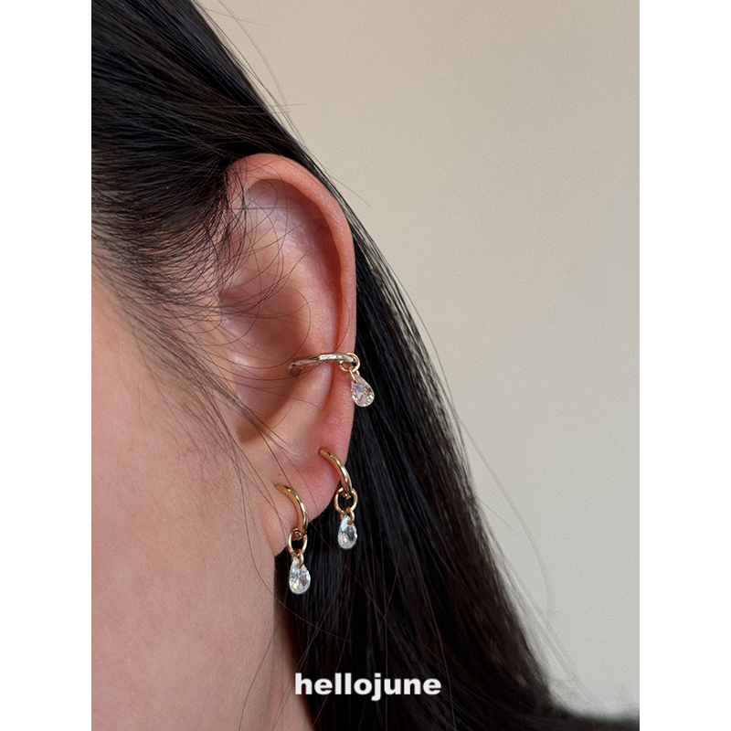 hellojune 7A白透水滴锆石 美产包金不褪色金色悬浮吊坠耳环 耳夹 - 图2