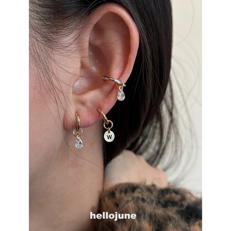 hellojune 7A白透水滴锆石 美产包金不褪色金色悬浮吊坠耳环 耳夹 - 图0