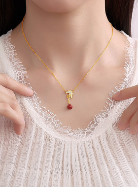 原创好运加马朱砂项链女复古国潮新中式马年生肖锁骨链纯银项饰品