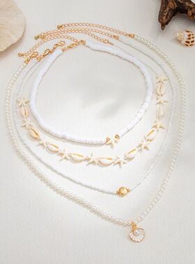 辣辣家欧美风复古贝壳海星项链女小众设计感高级串珠百搭锁骨链