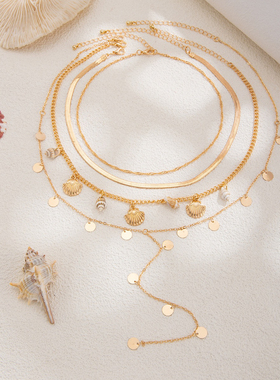 欧美风时尚ins风海洋度假风扇贝壳海螺项链时尚亮片链条叠戴项饰