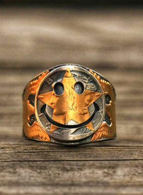 镶金笑脸银币戒指手工银饰