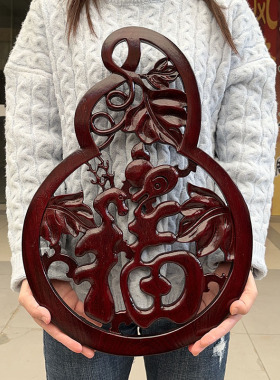 东阳木雕葫芦挂件实木福字家居客厅玄关装饰工艺品香樟木摆件壁挂