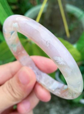 冰透粉绿色细条百搭飘花玛瑙手镯