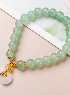 复古风手工平安锁扣绿色仿玉女士圆珠子手串手链女饰品