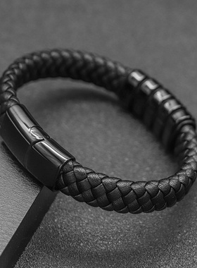 百搭朋克风钛钢黑色皮绳刻字定制