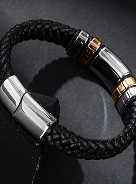 欧美风光面钛钢刻字黑色皮绳定制