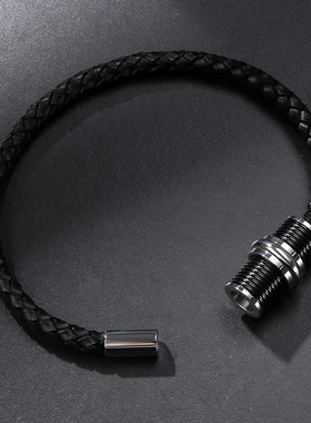 韩版百搭黑色钛钢磁扣螺纹皮手链
