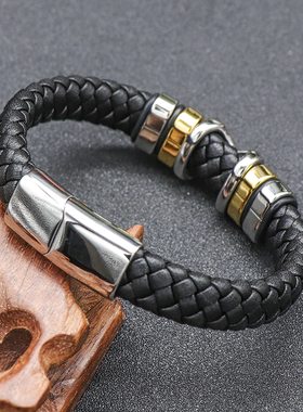 欧美风钛钢刻字皮手链定制礼物