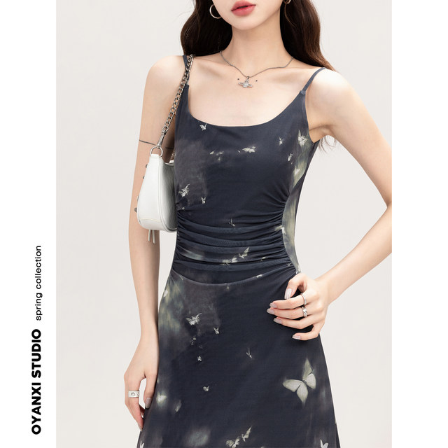 Original design by Ouyang Xi<Art Museum Fantasy>Pure desire printed long dress for women's spring high waisted slimming dress