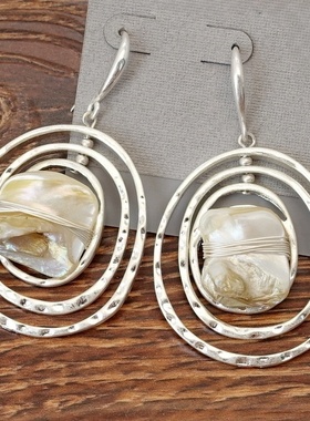 西洋欧美风手工做绕丝异型天然珍贝母贝壳潮人个性耳环坠项圈套装