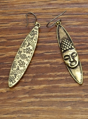 做旧金色大爱佛祖森女文艺范复古VINTAGE双面耳环坠项链套装