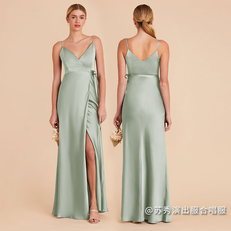 简约伴娘服礼服缎面平常可穿小众豆绿色显瘦遮肉姐妹团bridesmaid