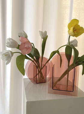 ins几何花瓶亚克力粉红鲜花花器家居艺术摆件设计民宿软装样板房