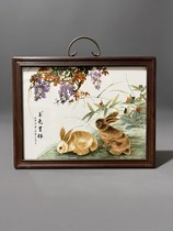 Wood frame powder color porcelain plate painting jade rabbit in Xiang Xiaoxiang hung screen porcelain painting zodiac cute family residence decorative wall painting ceramic