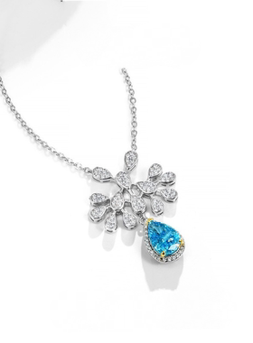 s925银蓝色水滴花朵高级奢华项链时尚个性合成立方氧化锆锁骨链
