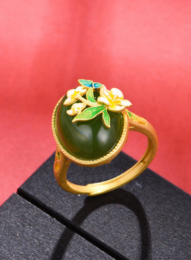 S925银镶天然和田玉梨花戒指国潮