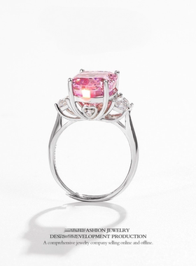 s925纯银粉色方形锆石戒指时尚大气奢华夸张高级感网红戒指个性