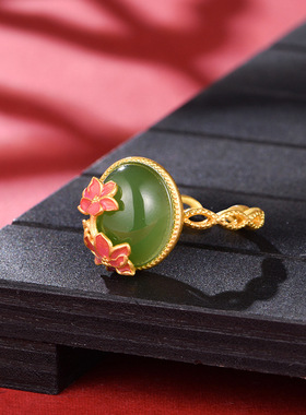 s925银镶天然和田玉兰花戒指国潮