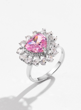 s925纯银粉色心形钻石戒指时尚高雅气质轻奢活口戒指高级感名媛风