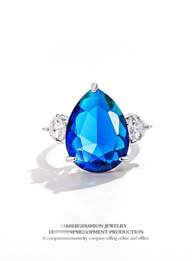 蓝色水滴孔雀项链耳环戒指三件套时尚气质奢华夸张设计感彩宝套装