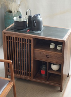 新中式储物茶水柜黑胡桃实木茶边柜多格收纳茶室储物烧水茶台