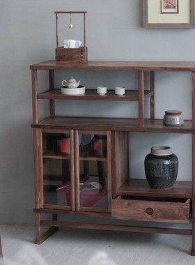 禅意新中式实木博古架书架黑胡桃木双门展示柜多宝格置物架