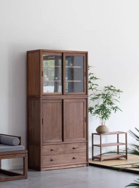 组合储物柜禅意新中式黑胡桃木收纳展示置物架移门橱柜