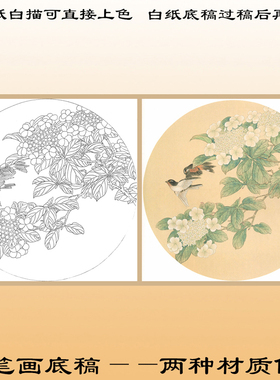 工笔画白描底稿扇面花鸟圆形熟宣
