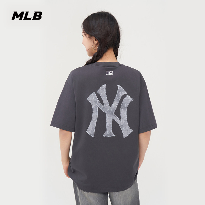 MLB短袖男女情侣25夏季新款大logo牛仔做旧凉感宽松T恤3ATSM0953,淘宝优惠券,粉丝福利购,淘宝优惠卷