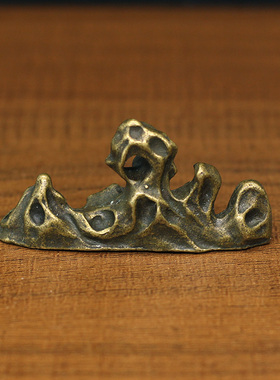 迷你款仿古铜器创意假山石书房镇纸笔搁笔托架子铜摆件微雕小茶宠