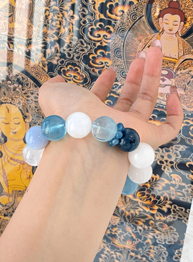 度母联创 原创大颗粒天然水晶手链 高级海蓝宝魔鬼蓝手串女黑发晶