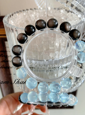 高端无酸洗 天然海蓝宝黑曜石手串女冰川蓝湛蓝水晶手链闺蜜礼物