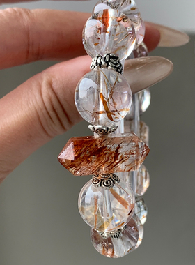 天然高端水晶手磨珠 黑金超七云母双轮招财手链女小众配饰首饰礼