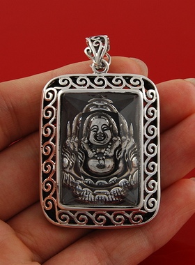 纯银象鼻财神佛牌镶嵌弥勒佛吊坠笑佛项链民族风长毛衣链挂坠银饰