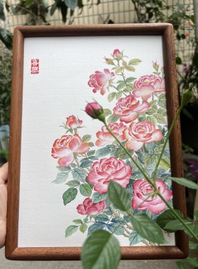 纯手绘中式美学空间国画月季花装饰画客厅卧室挂画家居摆画尺寸A4