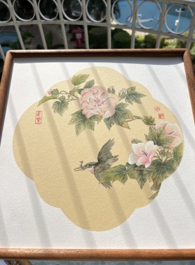 纯手绘国画芙蓉翠鸟装饰画客厅卧室挂画家居摆画33x33cm尺寸