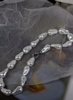 波光粼粼极光银蓝细闪不规则巴洛克珍珠项链轻奢时尚极光水滴套装