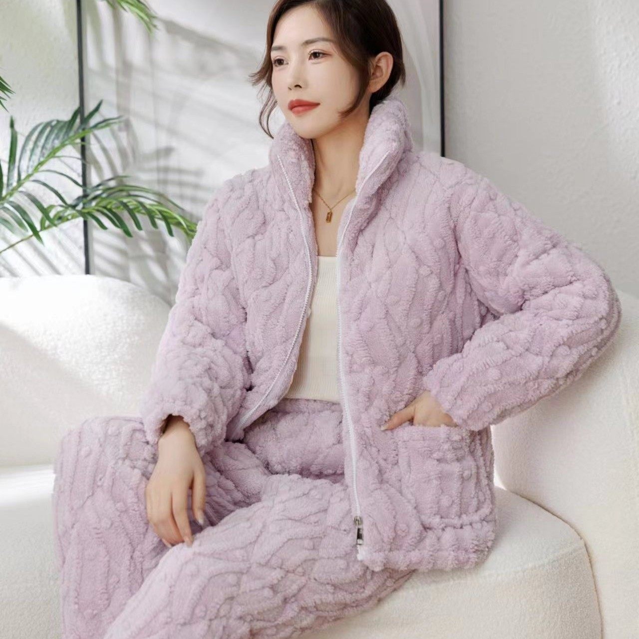 冬季棉衣珊瑚绒三层夹棉加厚睡衣女士款冬季加绒法兰绒家居服套装,淘宝优惠券,粉丝福利购,淘宝优惠卷