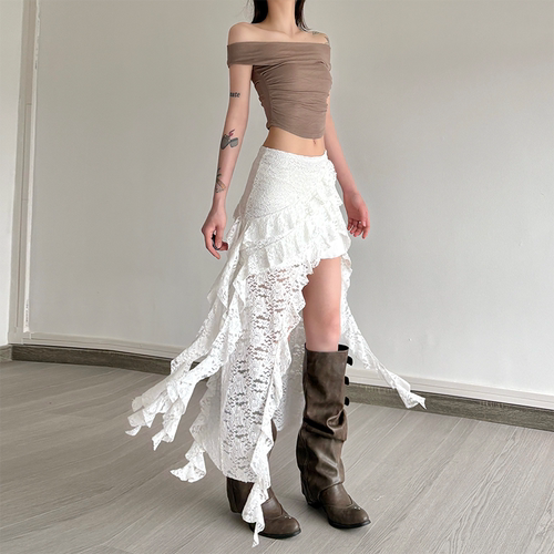 gagaopt法式优雅蕾丝飘带不规则半身裙女高腰显瘦包臀气质短裙夏 - 图0