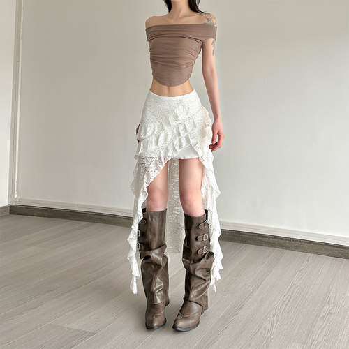 gagaopt法式优雅蕾丝飘带不规则半身裙女高腰显瘦包臀气质短裙夏 - 图1