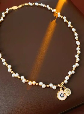 锆石珍珠缠绕八星芒吊坠项链复古轻奢高级感锁骨链时尚气质饰品女