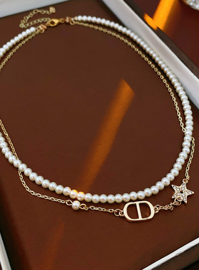 猪鼻子CD字母珍珠项链锁骨链真金电镀锆石镶钻百搭轻奢高级感饰品