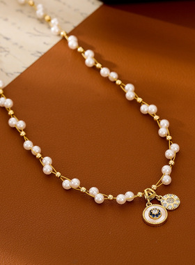 满天星珍珠项链白贝母圆盘八芒星吊坠时尚气质高级感锁骨链饰品女