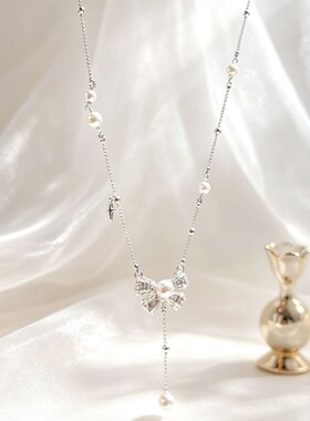 小香风满钻珍珠蝴蝶结吊坠项链轻奢高级感精致气质百搭项链首饰品