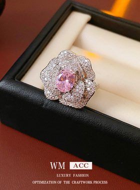 超闪锆石玫瑰花朵开口可调节戒指镶水钻山茶花食指戒百搭指环饰品