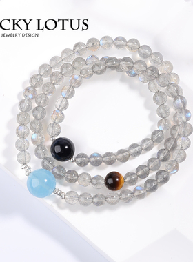 LUCKYLOTUS星球吸引力天然水晶手链女手串灰月光海蓝宝虎眼石包邮