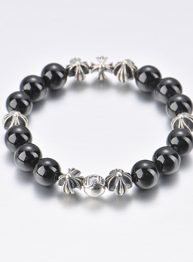 原创设计黑玛瑙银十字手链个性