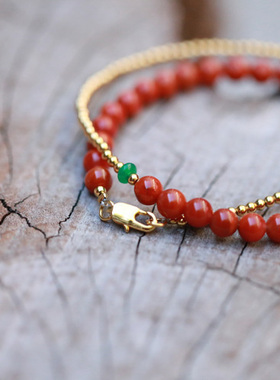 南红玛瑙本命年满肉金珠手链