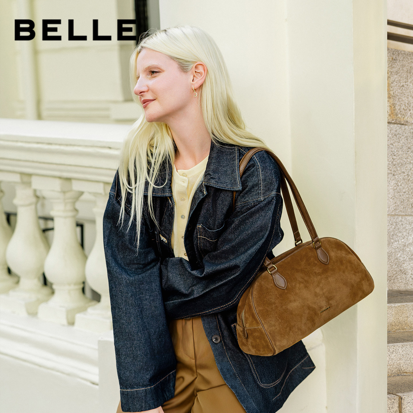 百丽女包2025新款商场同款大号单肩真皮反绒麂皮波士顿包BL862DX5,淘宝优惠券,粉丝福利购,淘宝优惠卷